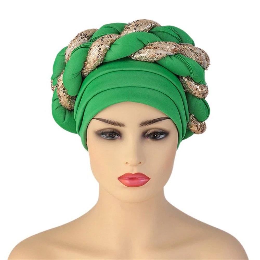 Green BeanieTurban Headband Braided Cap For Everyday Use or Parties